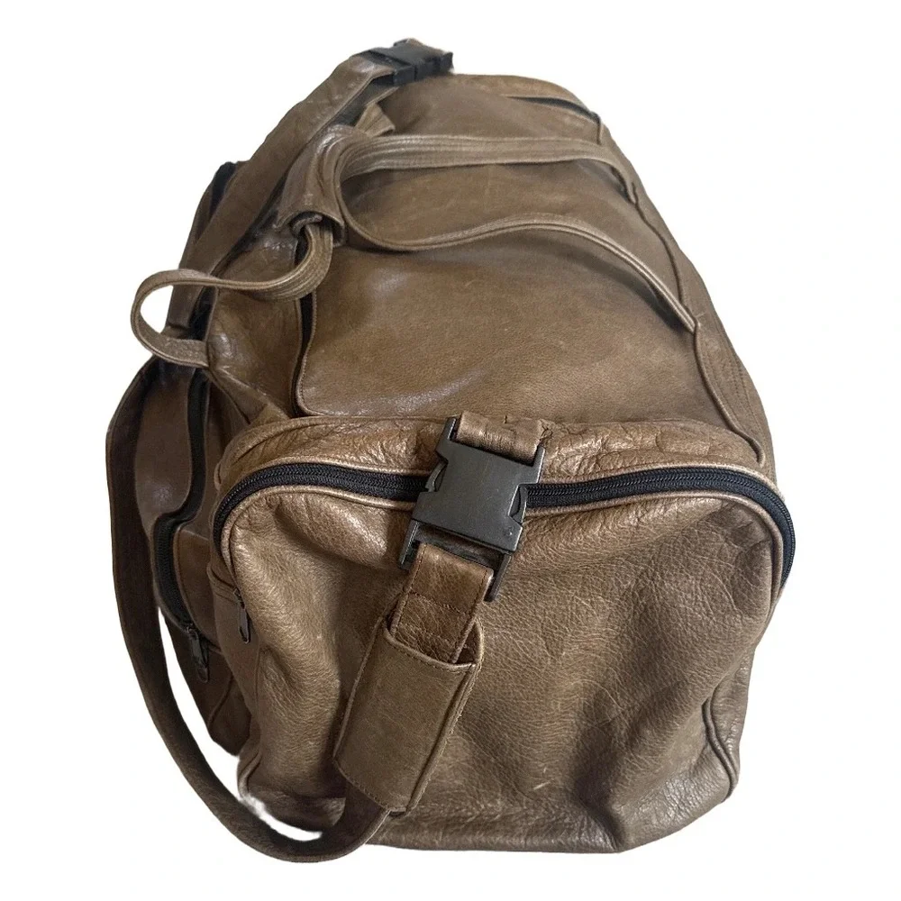 Vintage 80s 90s Brown Leather Duffle Bag Travel Weekender Luggage Retro Gym Bag
